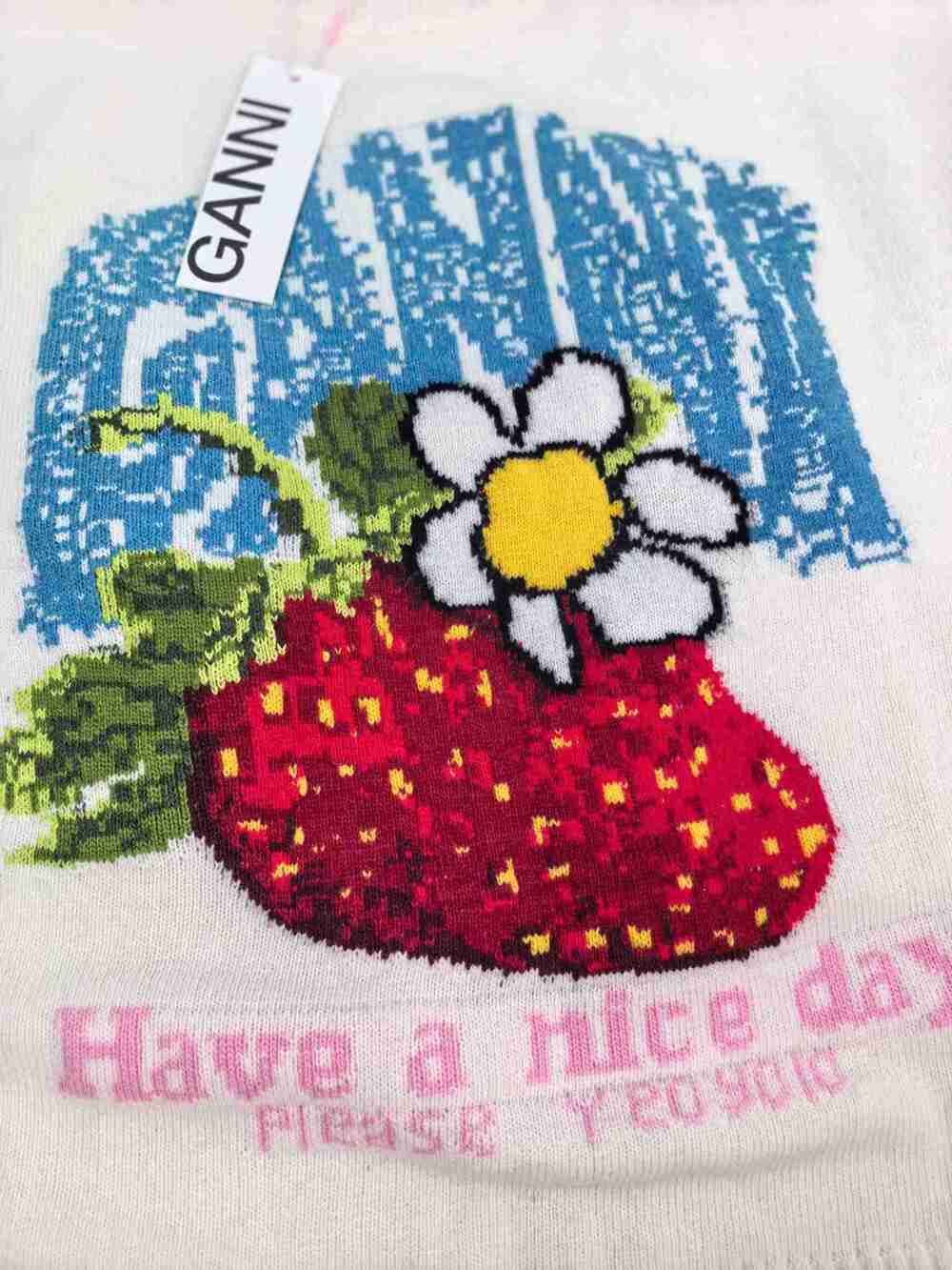 GANNI Off White Strawberry Flower Logo Long Sleeve Knitted Jumper - Picture 5 of 7